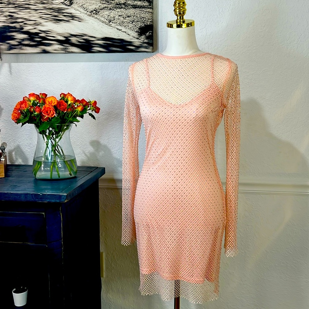 Mesh Rhinestone Pink Slip Longsleeve Dress Thirty Thirty LA Medium